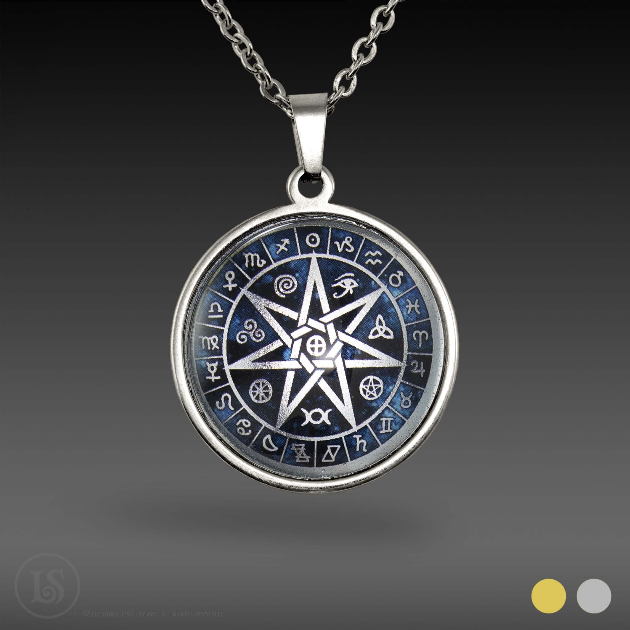 Astrologic septagram pointed star symbol pendant large silver or gold tone glass and stainless steel