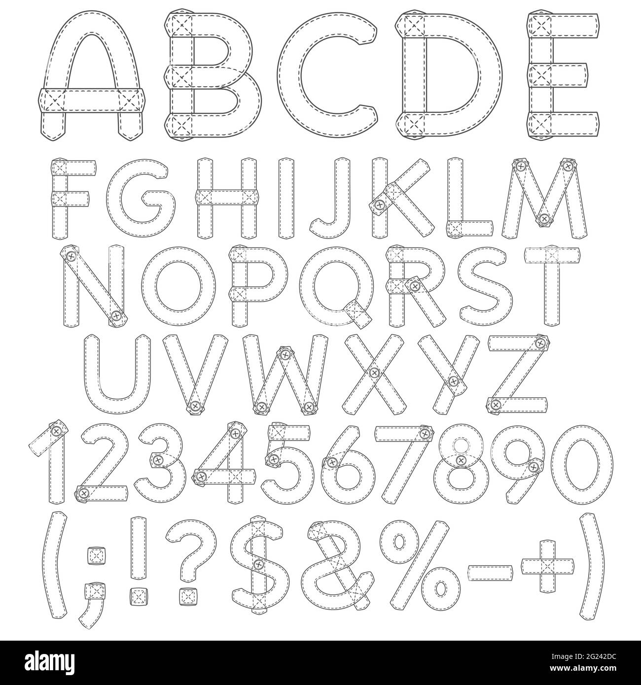 Letras nãºmeros y signos de tela objetos aislados sobre blanco imagen vector de stock