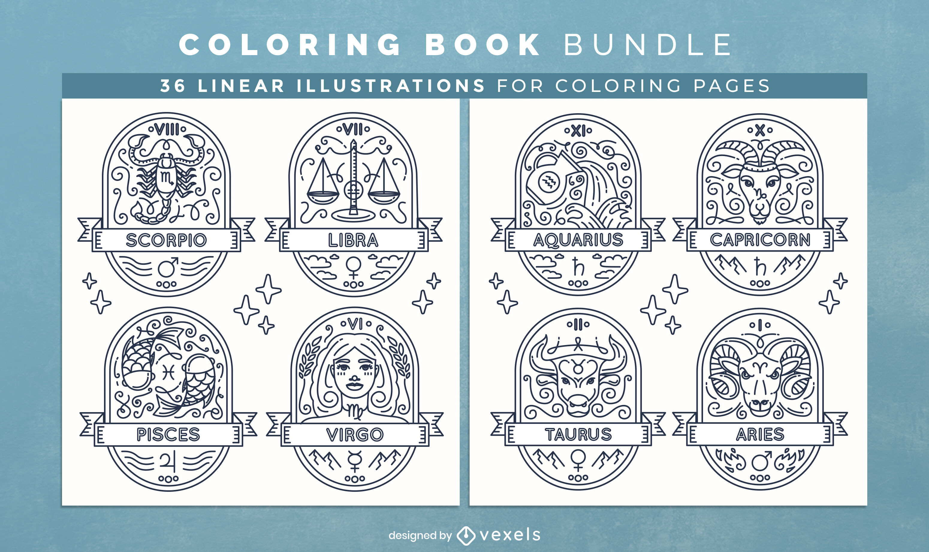 Dcarga vector de signos del horãscopo para colorear pãginas de diseão de libros