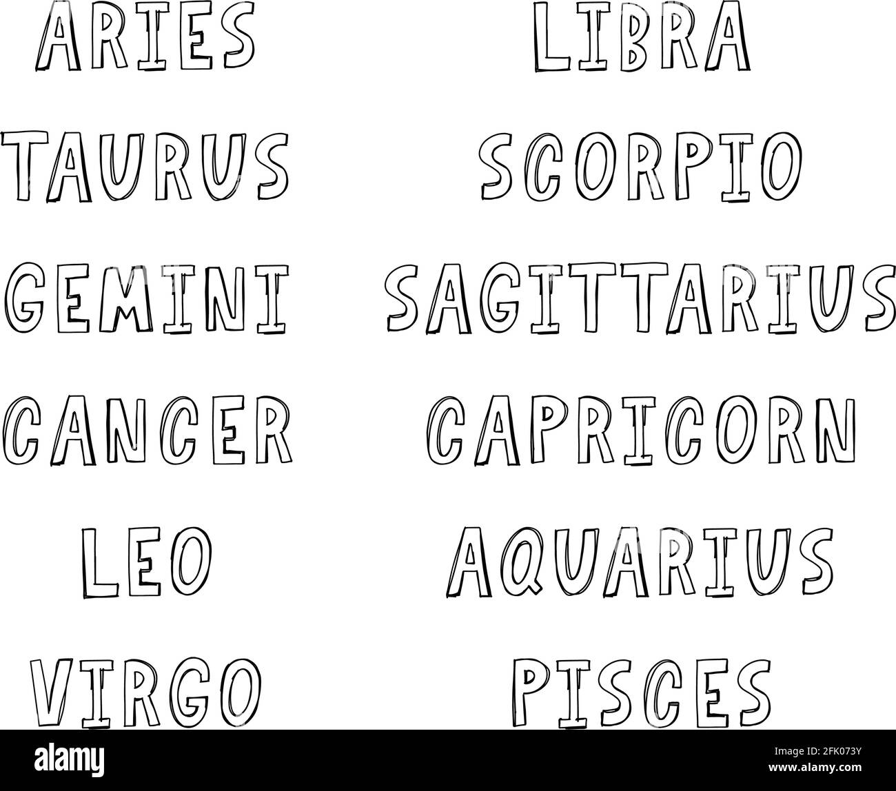 Signo vectorial de letras del zodiaco ilustraciãn de texto de astrologãa de dibujos animados horãscopo manuscrito icono imagen vector de stock