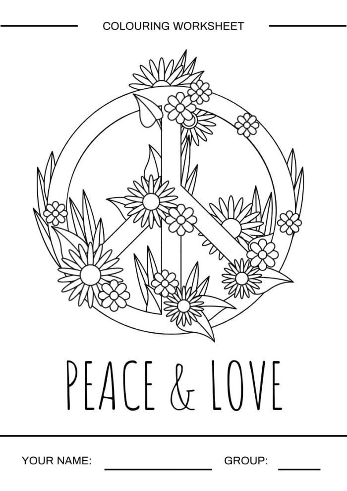 Edita este diseão de hoja de trabajo para colorear del signo floral de la paz y el amor online