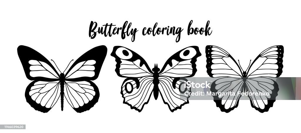 Vector illustration of black and white butterfly contour coloring book template stock illustration