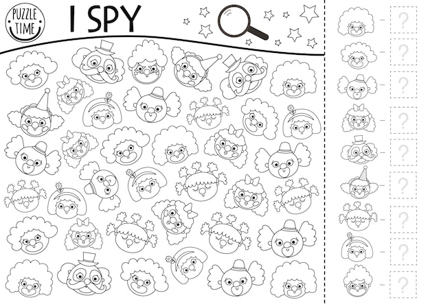 Premium vector circus black and white i spy game for kids searching and counting line activity with funny clown faces amusement street show printable coloring page simple festival spotting puzzlexa