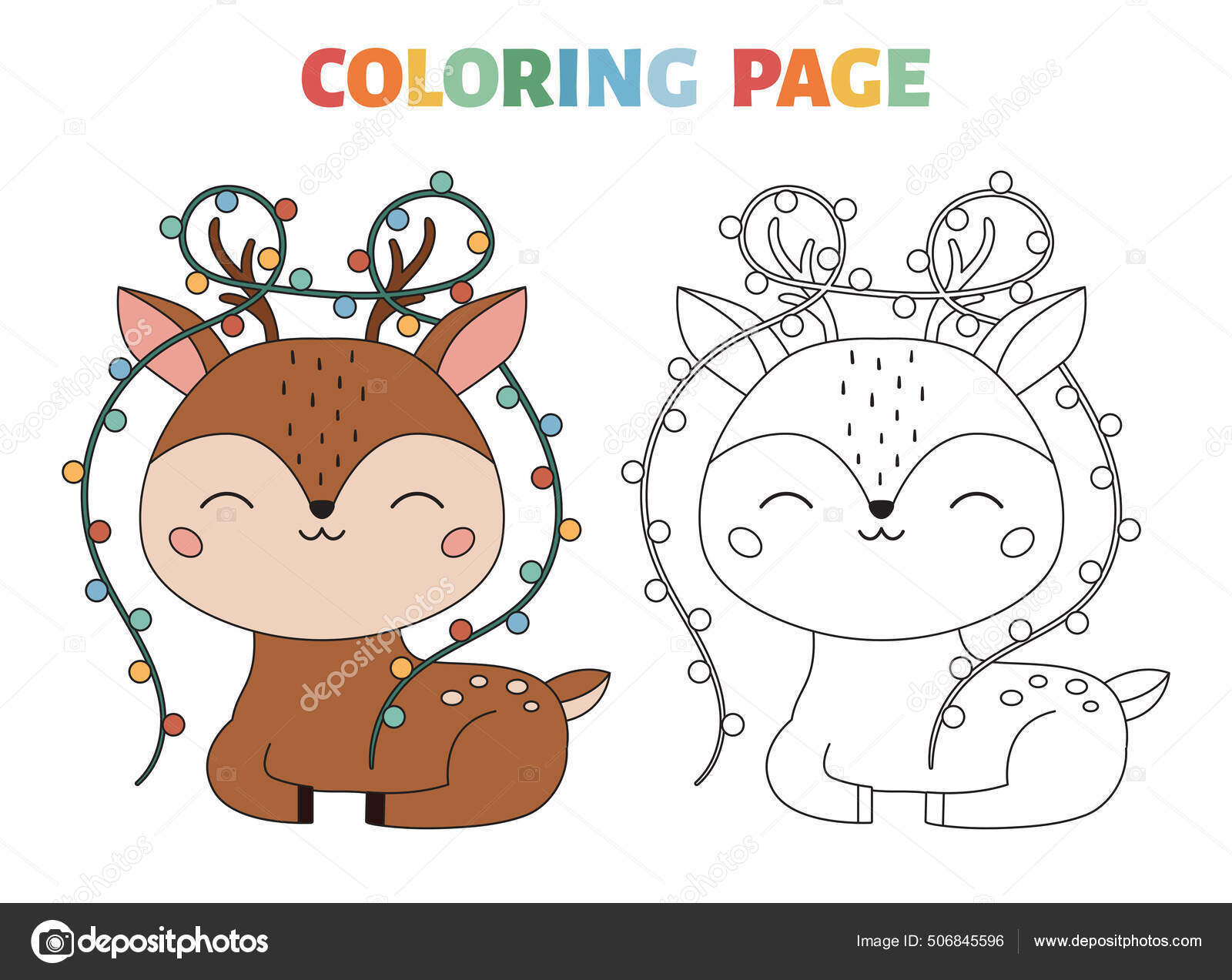 Pãgina para colorear con ciervos lindos y luces de navidad libro para colorear para niãos con