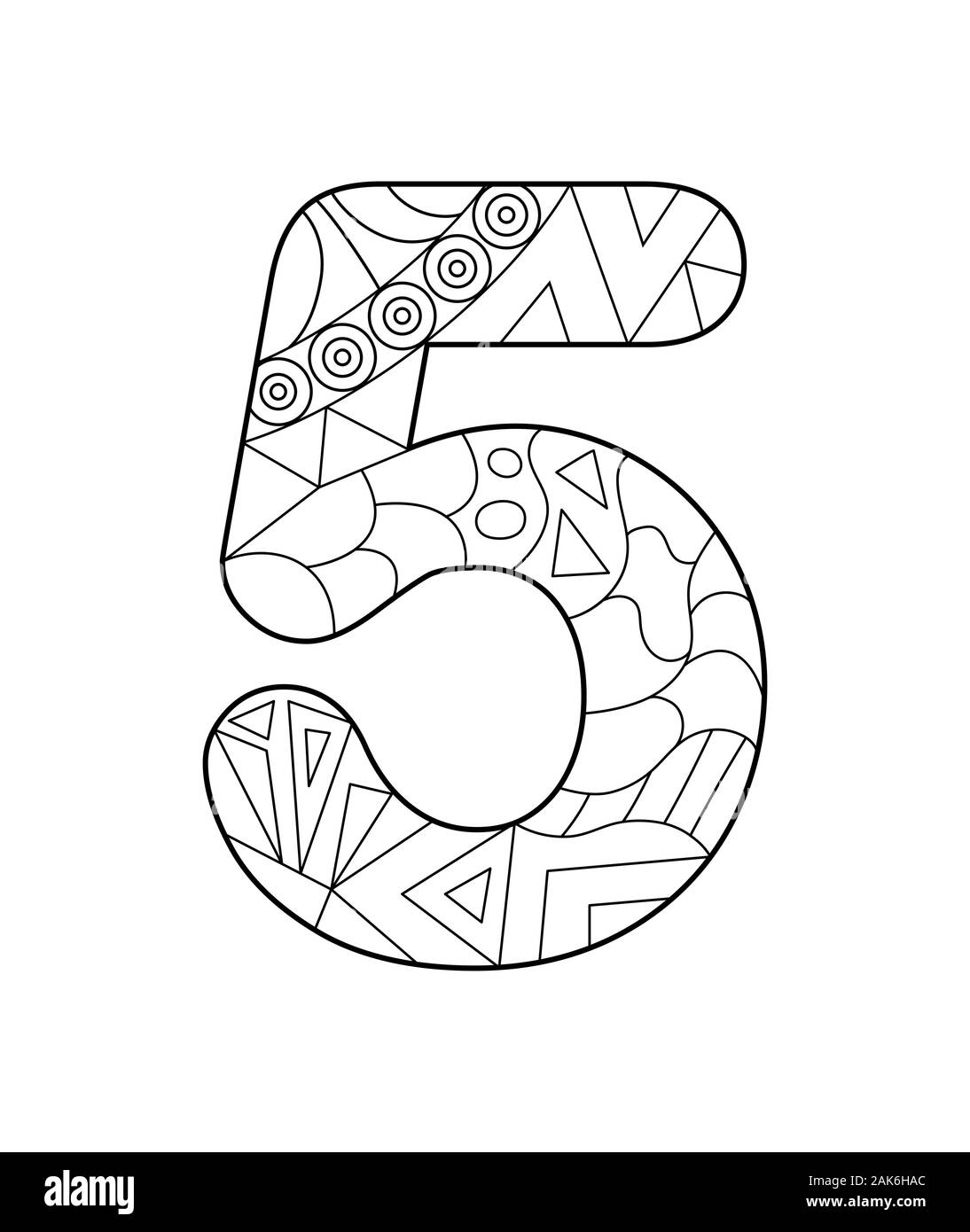 Black and white vector illustration for coloring number five in the zentangle style empty linear contour isolated on white background stock vector image art