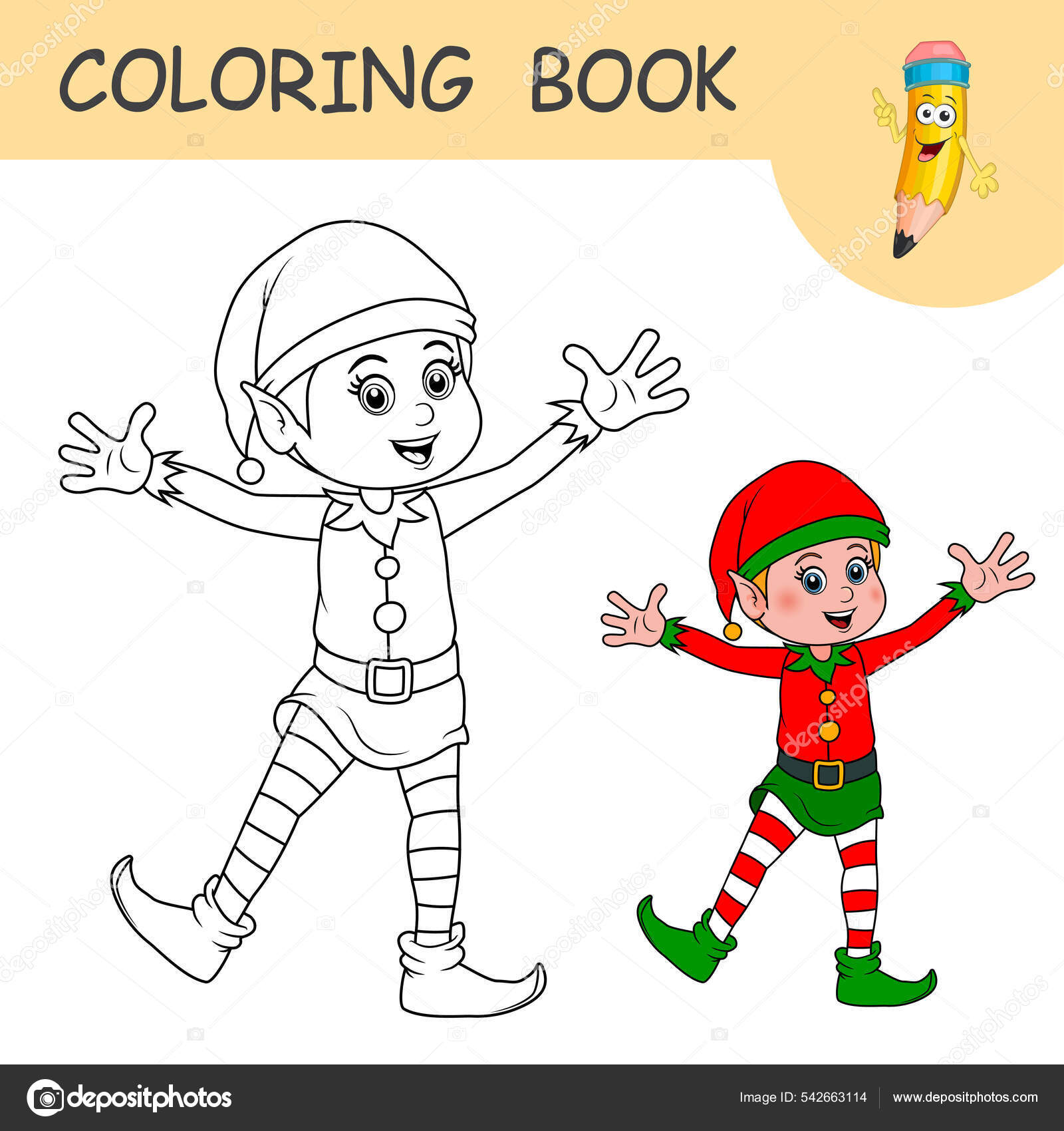 Libro para colorear con elfo dibujos animados muestras incoloras color vector de stock por kidland