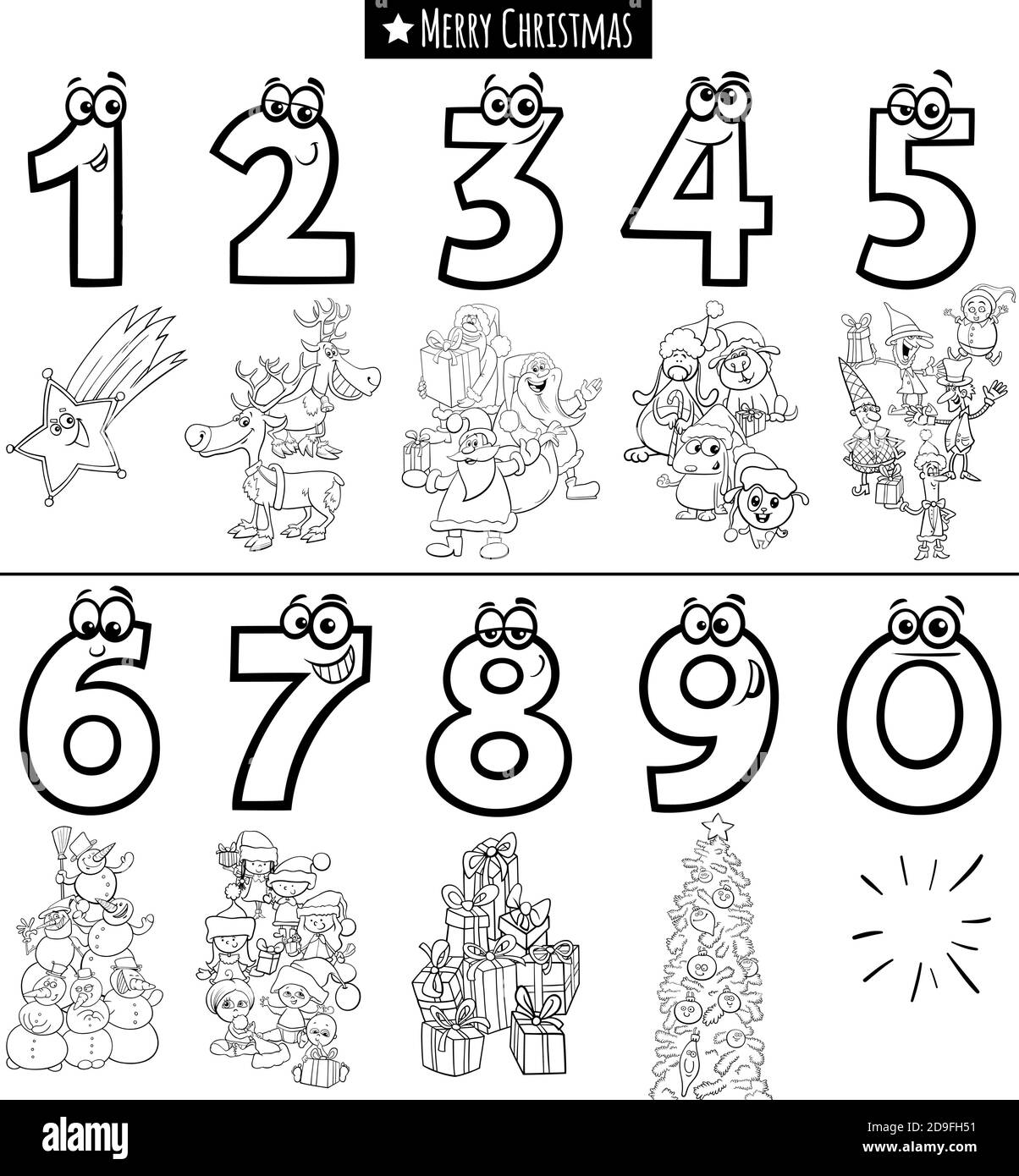 Dibujos animados en blanco y negro de nãºmeros educativos tablecidos de de uno a nueve con caracter de navidad colorear la pãgina del libro imagen vector de stock