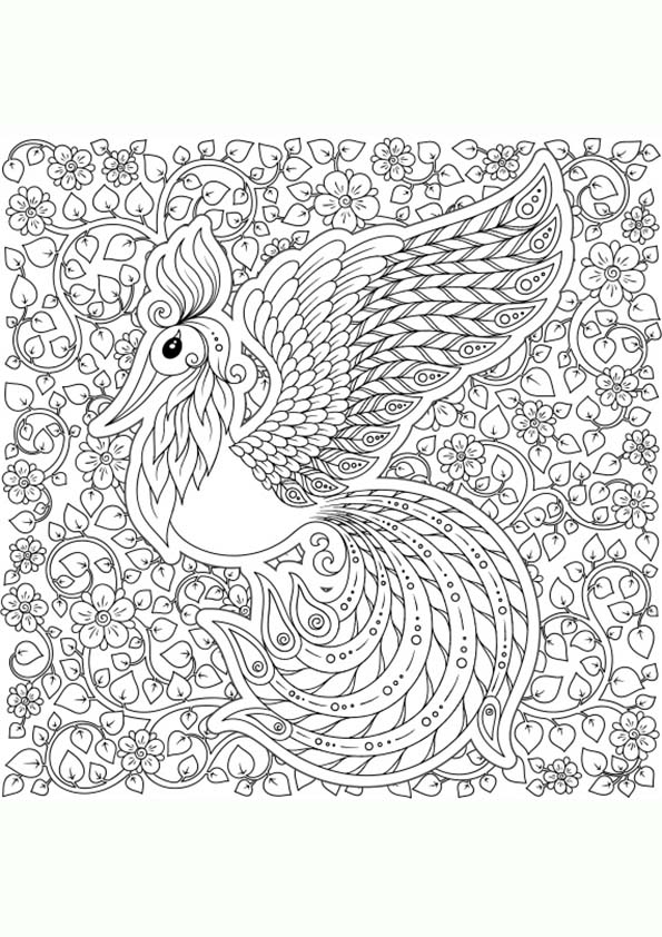 Dibujo para colorear mandala ilustraciãn silueta pãjaro en el jardãn de flores de fantasãa
