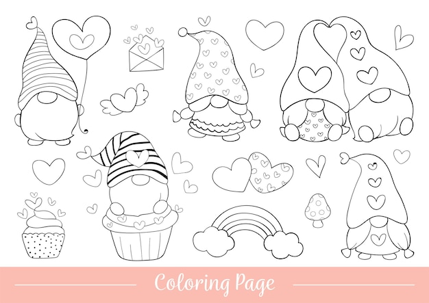 Dibujar la pãgina para colorear de ilustraciãn de gnomo para el dãa de san valentãn vector premium