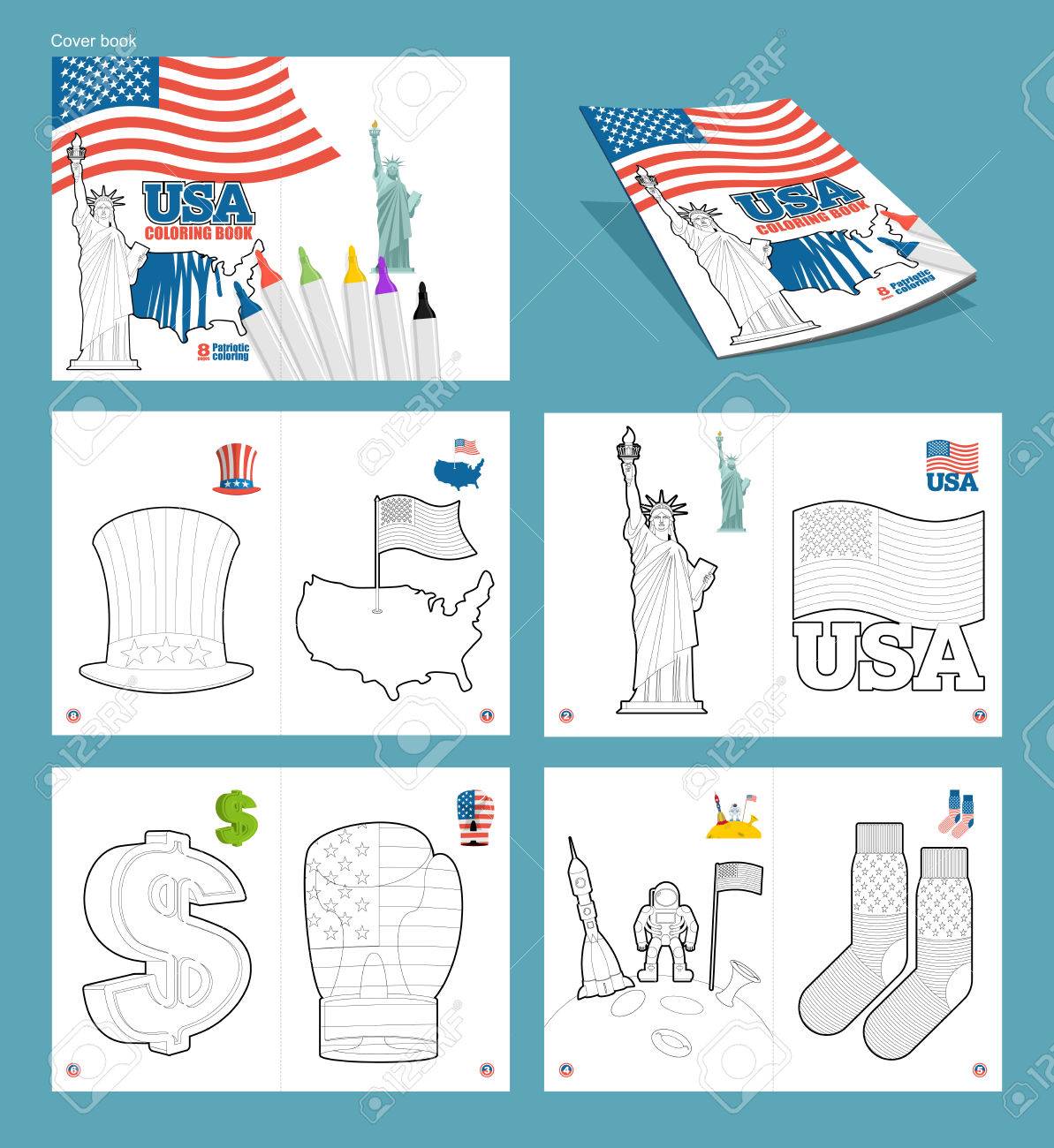 Usa coloring book patriotic illustrations national symbols america uncle sam hat and map of ountry statue of liberty and usa flag dollar symbol and boxing glove national socks and astronaut on moon