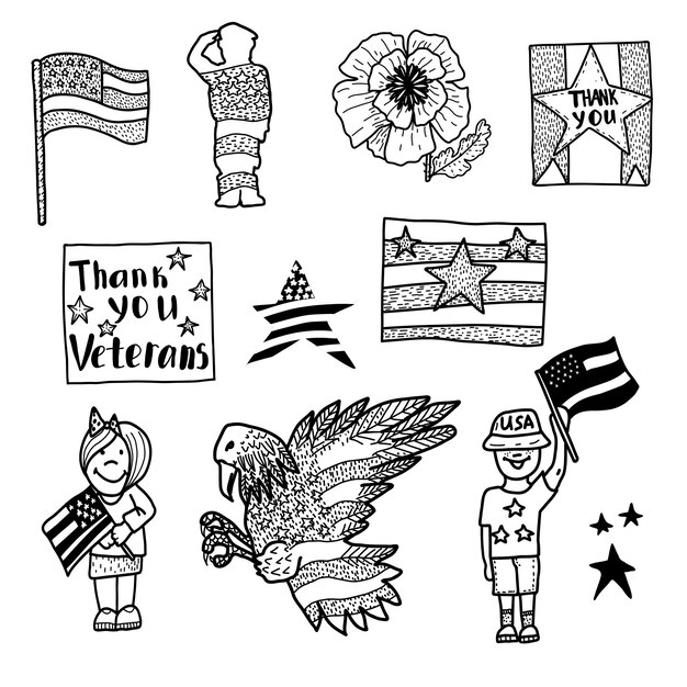 Dãa de los veteranos vector dibujado a mano conjunto bandera tadounidense amapola roja sãmbolos del gobierno de ee uu ãguila calva tadounidense saludando a los niãos soldados con bandera tadounidense gracias veteranos