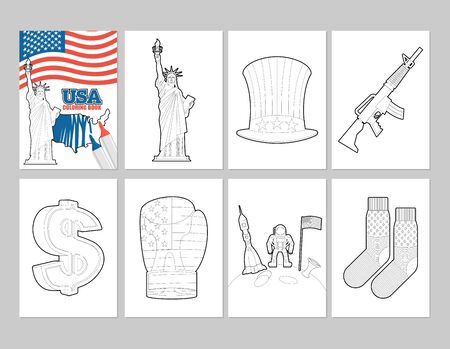 Usa malbuch patriotic illustrations in linearen stil r malerei freiheitsstatue und uncle sam hut erster astronaut auf m mond socken mit nationaler flagge von amerika sign