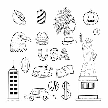 Doodle set sãmbolos nacionais dos eua da estãtua da liberdade da amãrica em nova york esboão desenhado ã mão vetor premium