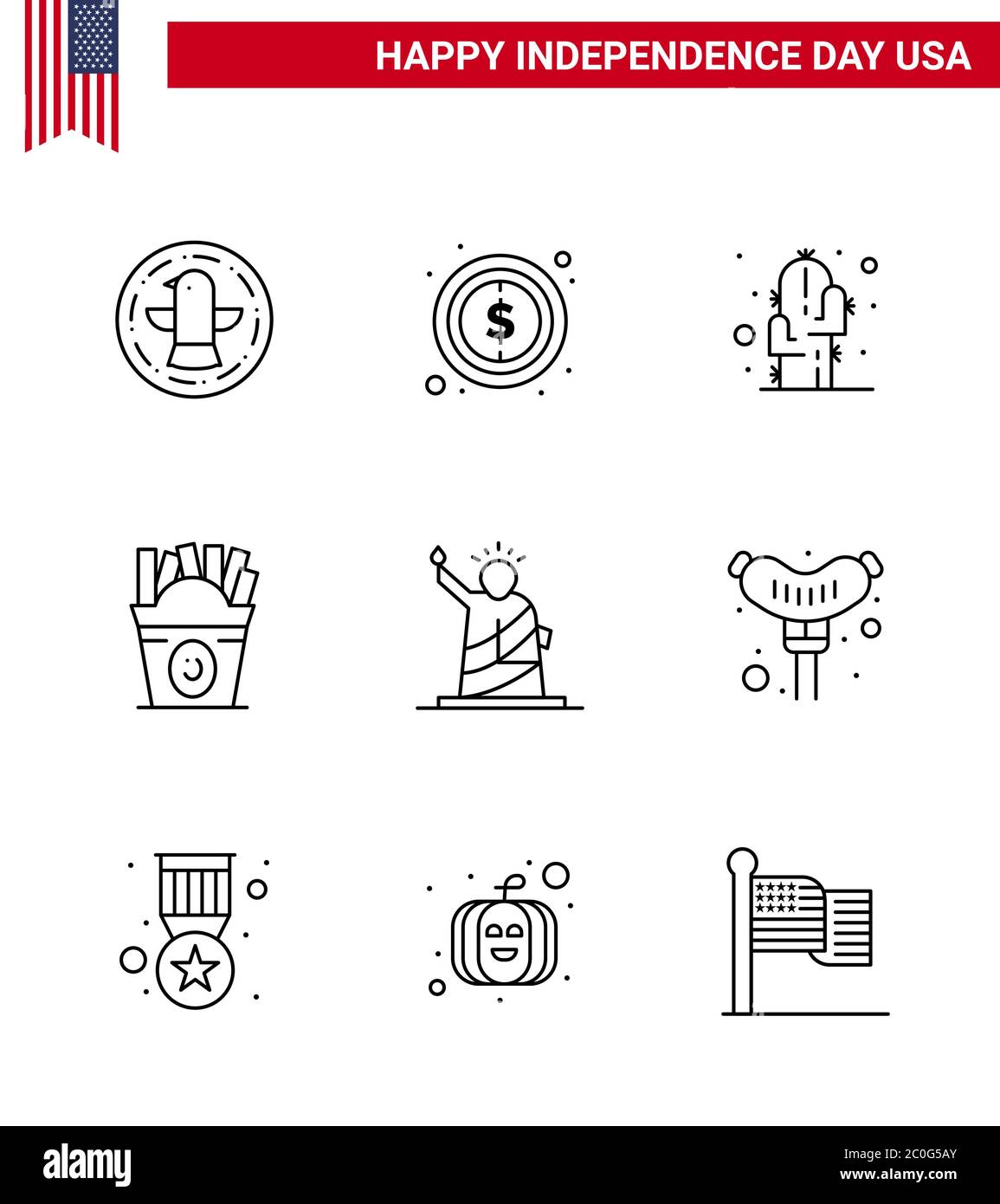 Happy independence day pack de lãneas signos y sãmbolos para la libertad eeuu cactus alimentos frise editable dãa de eeuu elementos de diseão vectorial imagen vector de stock