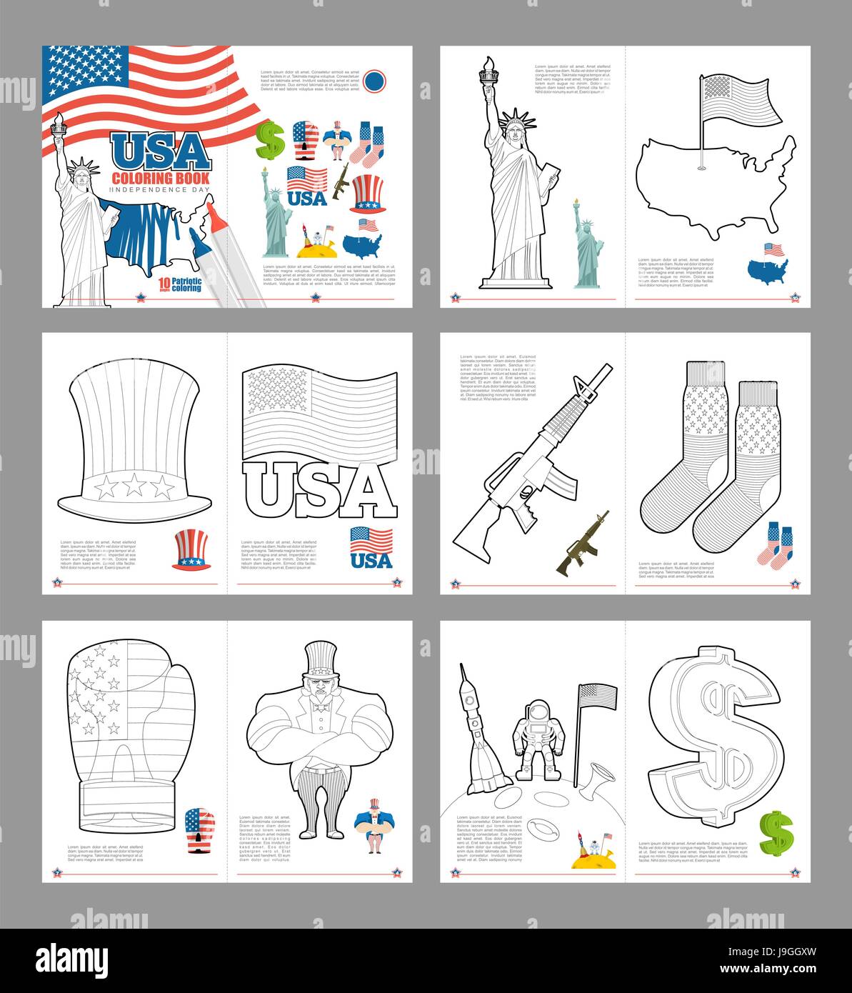 Libro para colorear de eeuu libro patriãtico para colorear sãmbolos nacional de amãrica la tatua de la libertad y el tão sam hat mapa y la bandera de tados unidos dollar y