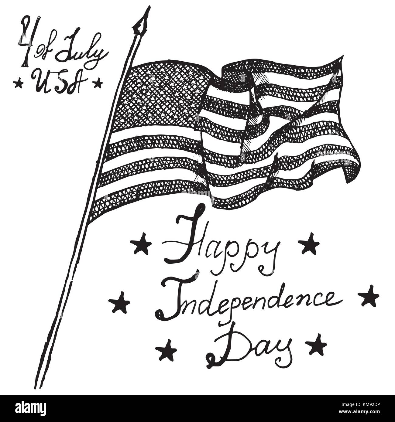 Tados unidos ondeando la bandera sãmbolo americano forth de julio boceto dibujados a mano texto feliz dãa de la independencia ilustraciãn vectorial aislado en blanco imagen vector de stock