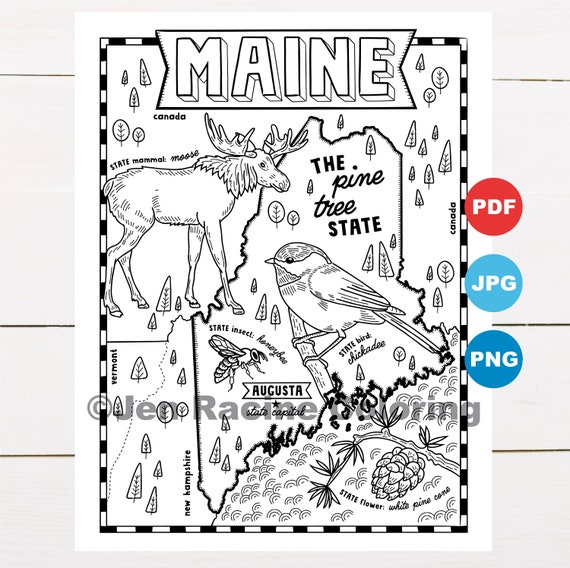 Pãgina para colorear de maine estados unidos mapa del estado fauna silvestre sãmbolos estatales flores pãginas para colorear