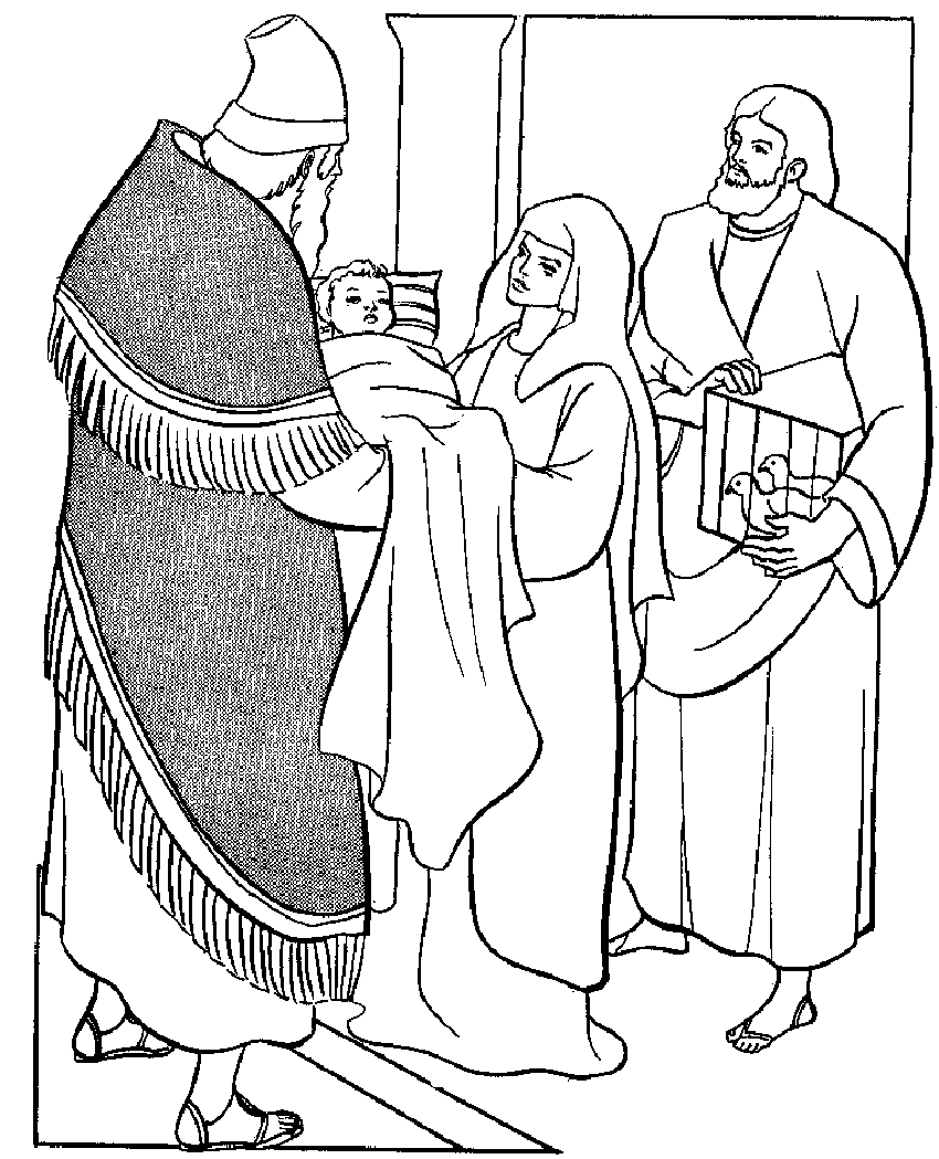 Coloring page for the presentation of our lord in the temple meeting anna and simeon feb nd bible coloring pages bible coloring jesus coloring pages