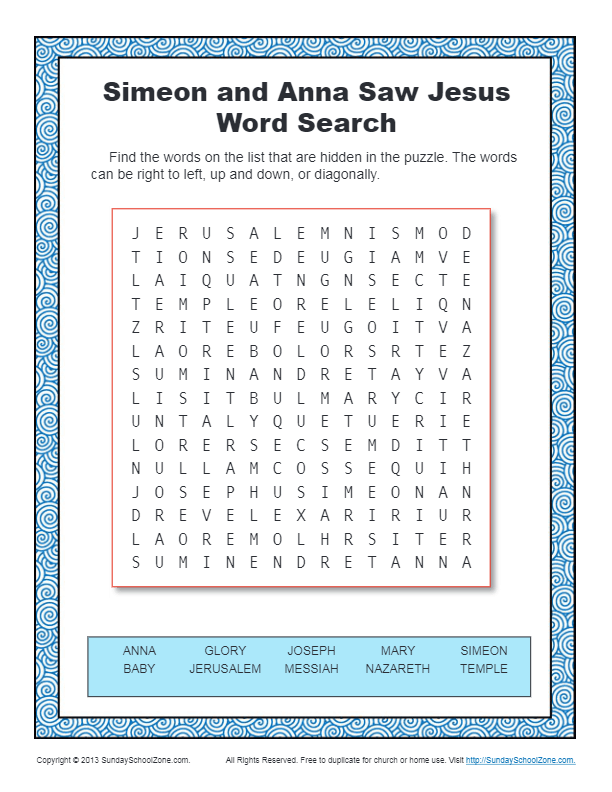 Simeon and anna word search kids ministry printable activities