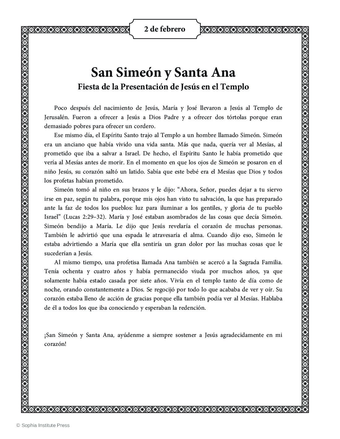 Sts simeon and anna the presentation story and coloring page spanish