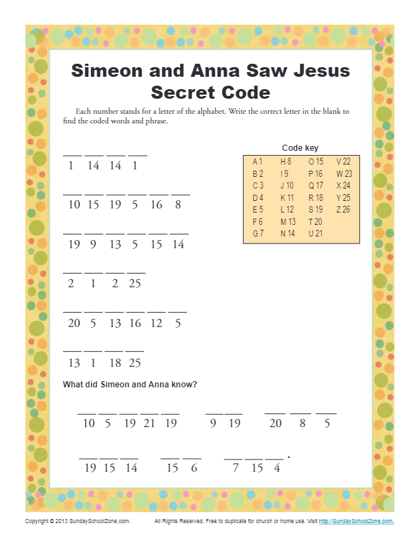 Simeon and anna secret code kids ministry printable activites