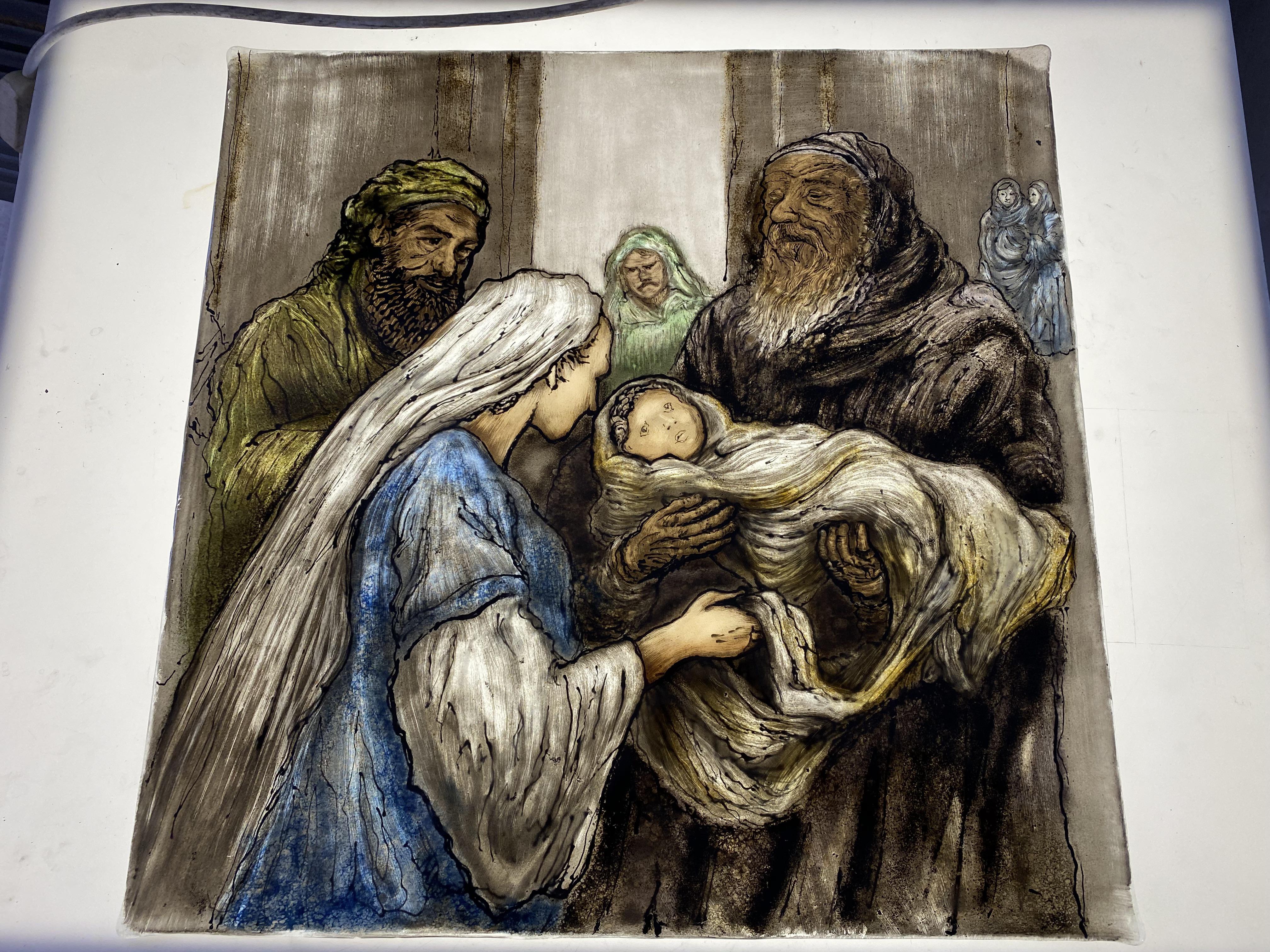Fused glass piece of simeon checkin out baby jesus rstainedglass