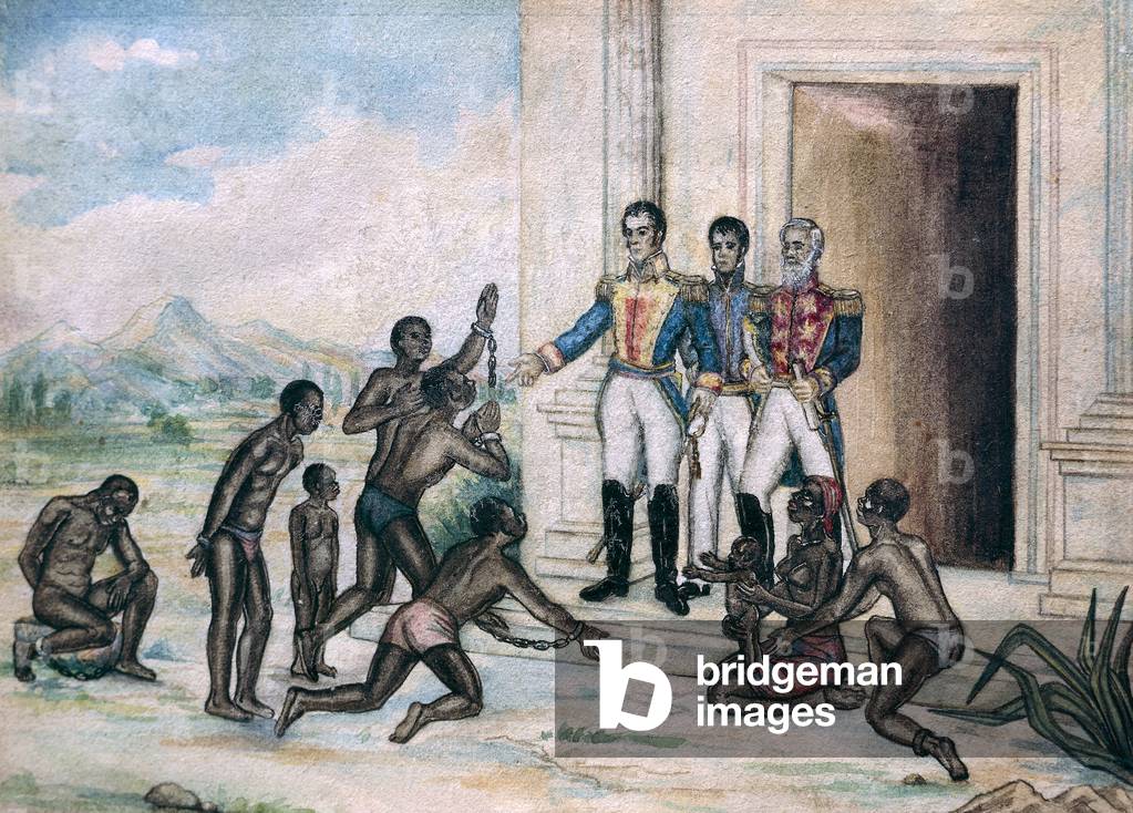 Image of simon bolivar granting freedom to slaves in watercolor on