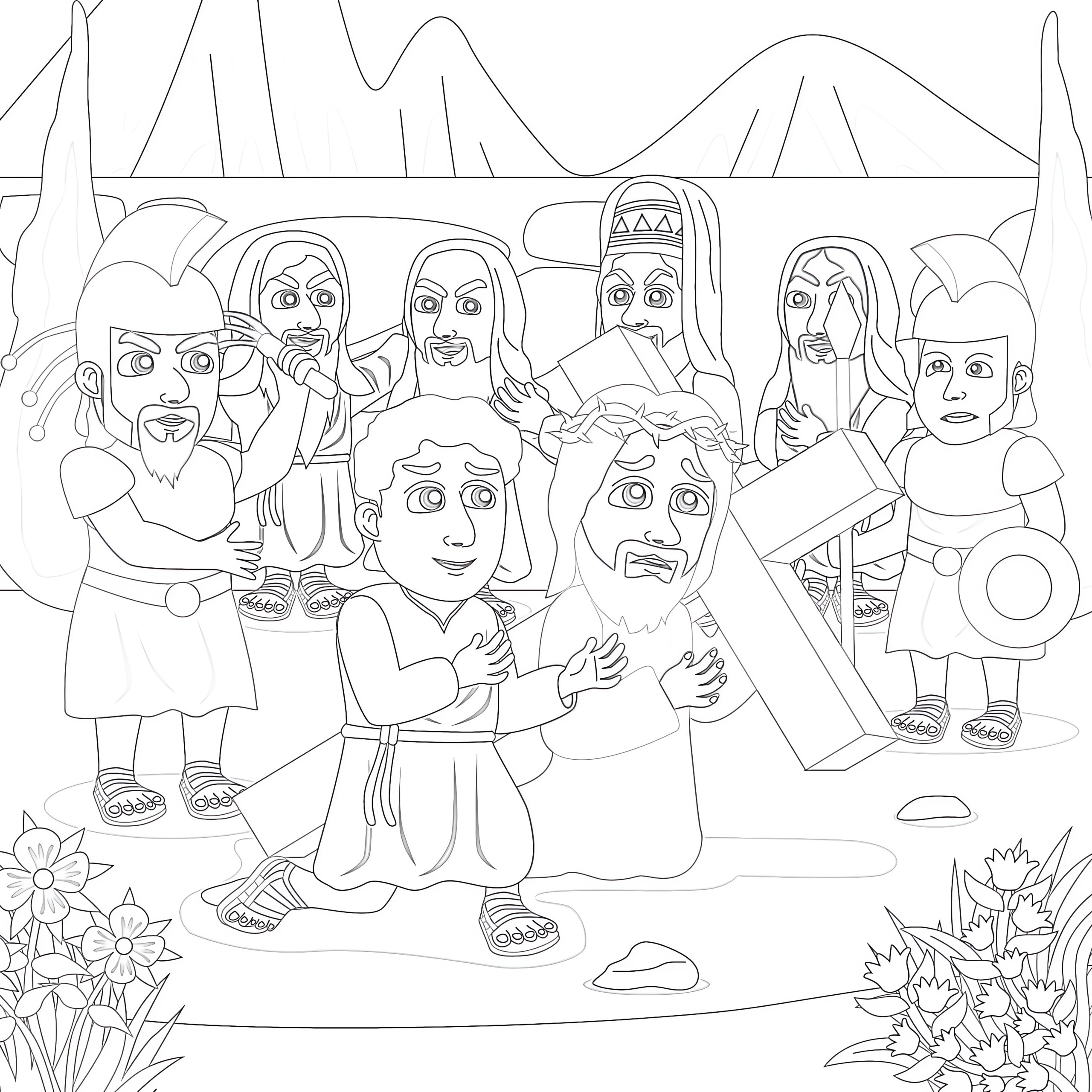 Jesus carried the cross assisted by simon from cyrene coloring page