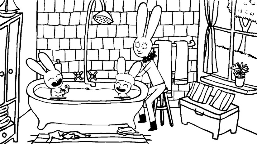 Coloring page simon rabbit the bath