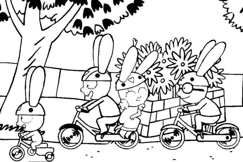 Coloring page simon rabbit simon rides his bike with his friends