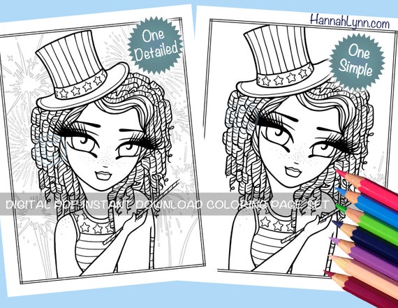 Th of july coloring page set independence day summer fireworks whimsy girl line art pdf download printable hannah lynn
