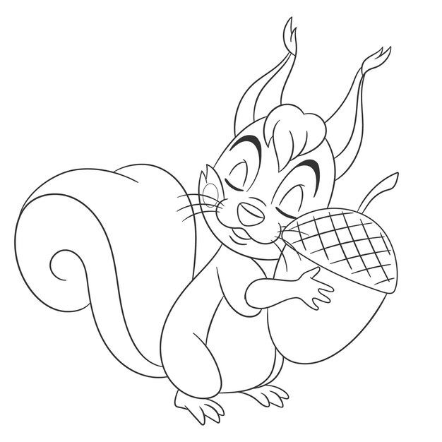 Premium vector squirrel with acorn cartoon character coloring book page in line art style