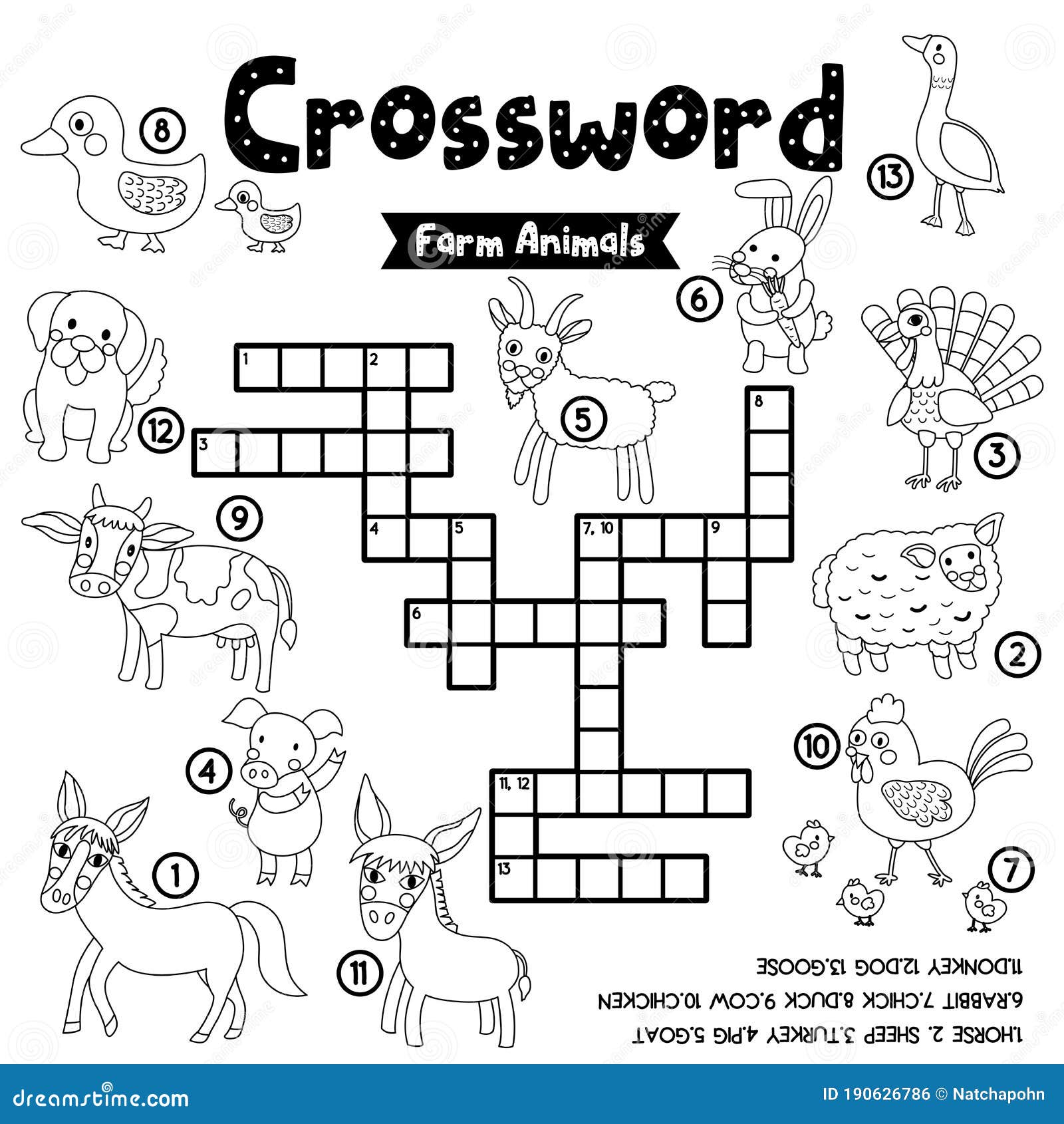 Crossword puzzle farm animals coloring version stock vector