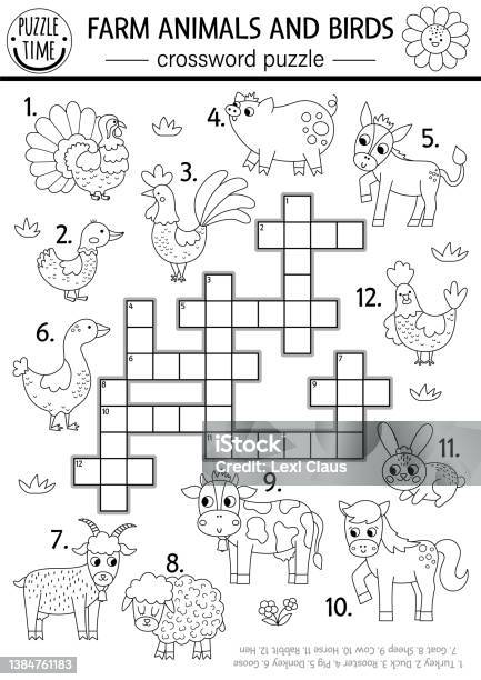 Vector farm animals and birds black and white crossword puzzle for kids simple on the farm