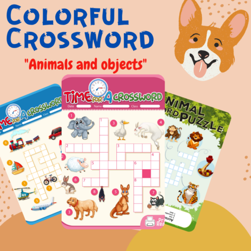 Crossword puzzle animals objects fruits vocabulary colorful picture clu made by teachers