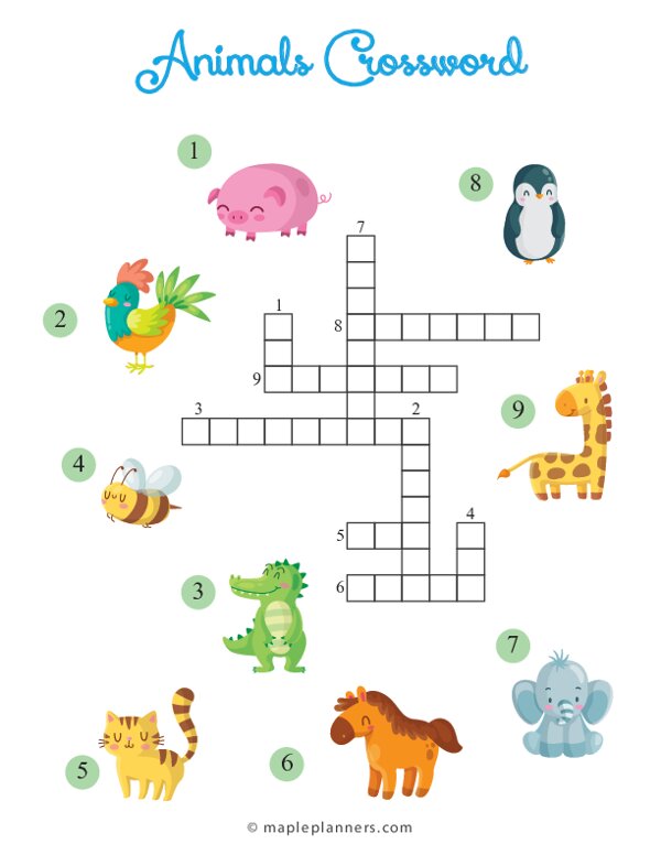 Free printable animals crossword puzzles for kids