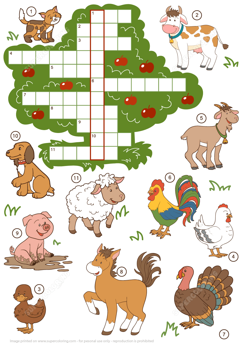 Farm animals crossword puzzle for beginners free printable puzzle games