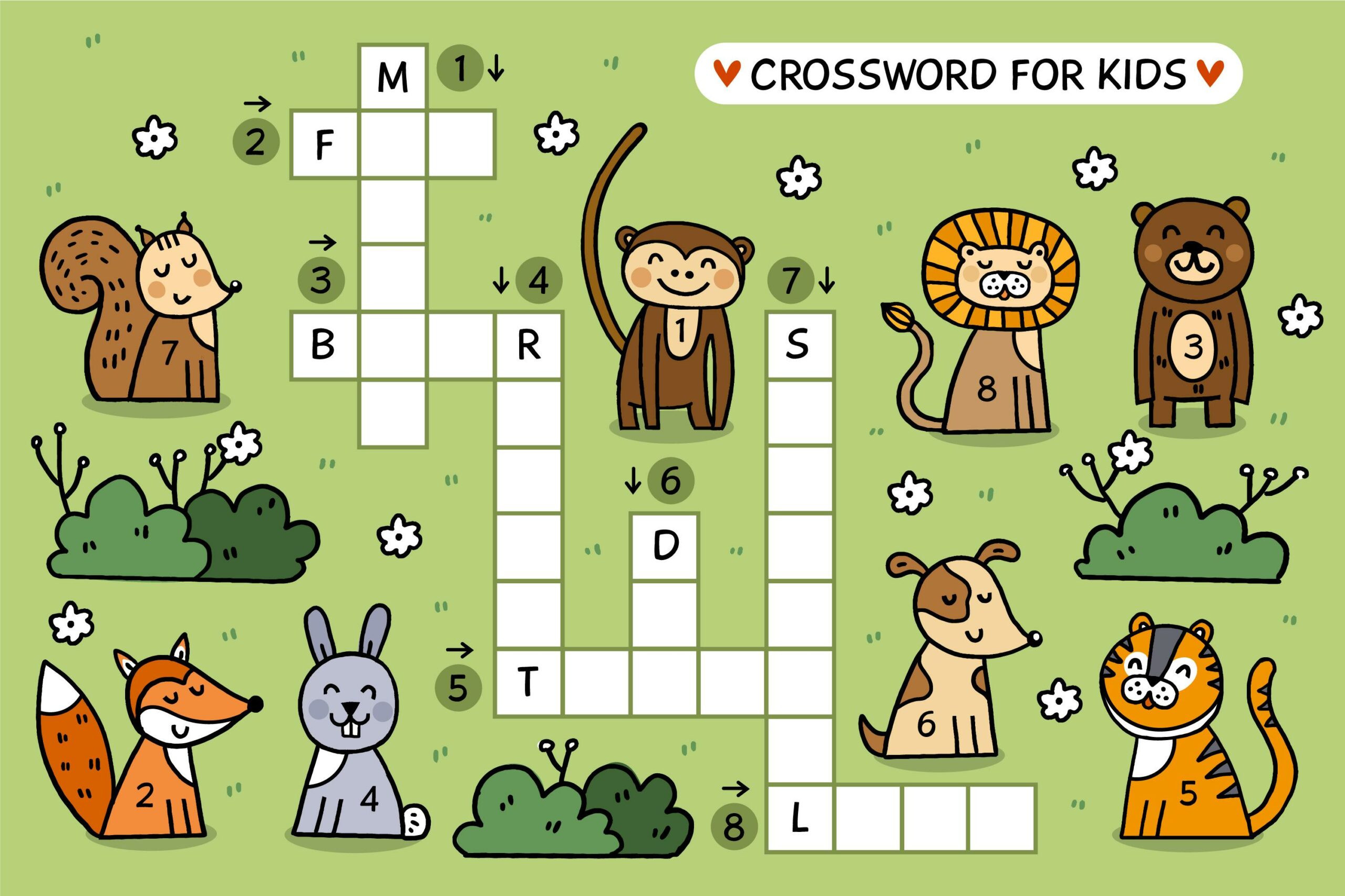 Crossword puzzle animals objects fruits vocabulary colorful picture clu made by teachers
