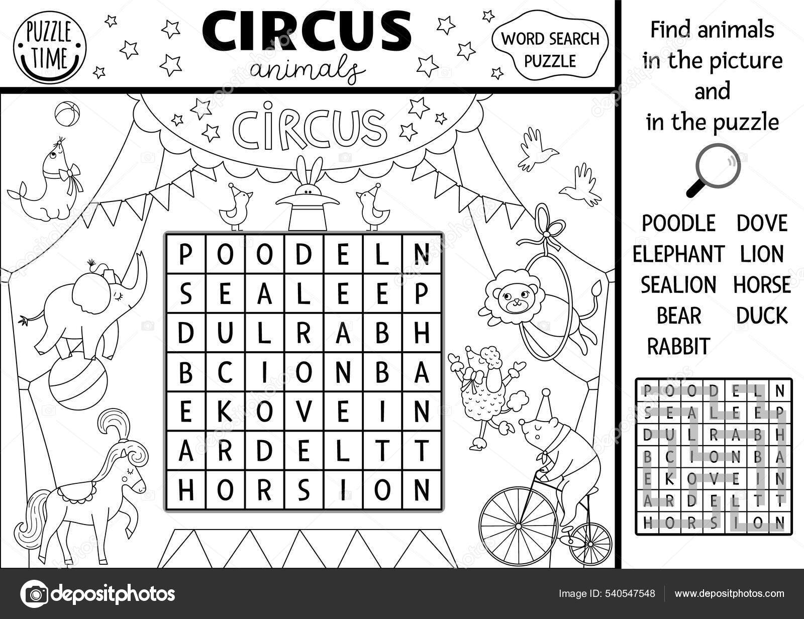 Vector circus wordsearch puzzle kids simple black white amusement crossword stock vector by lexiclaus