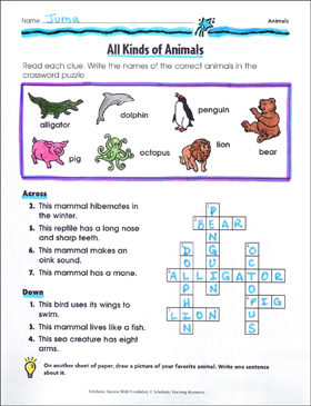 All kinds of animals printable crossword puzzles skills sheets