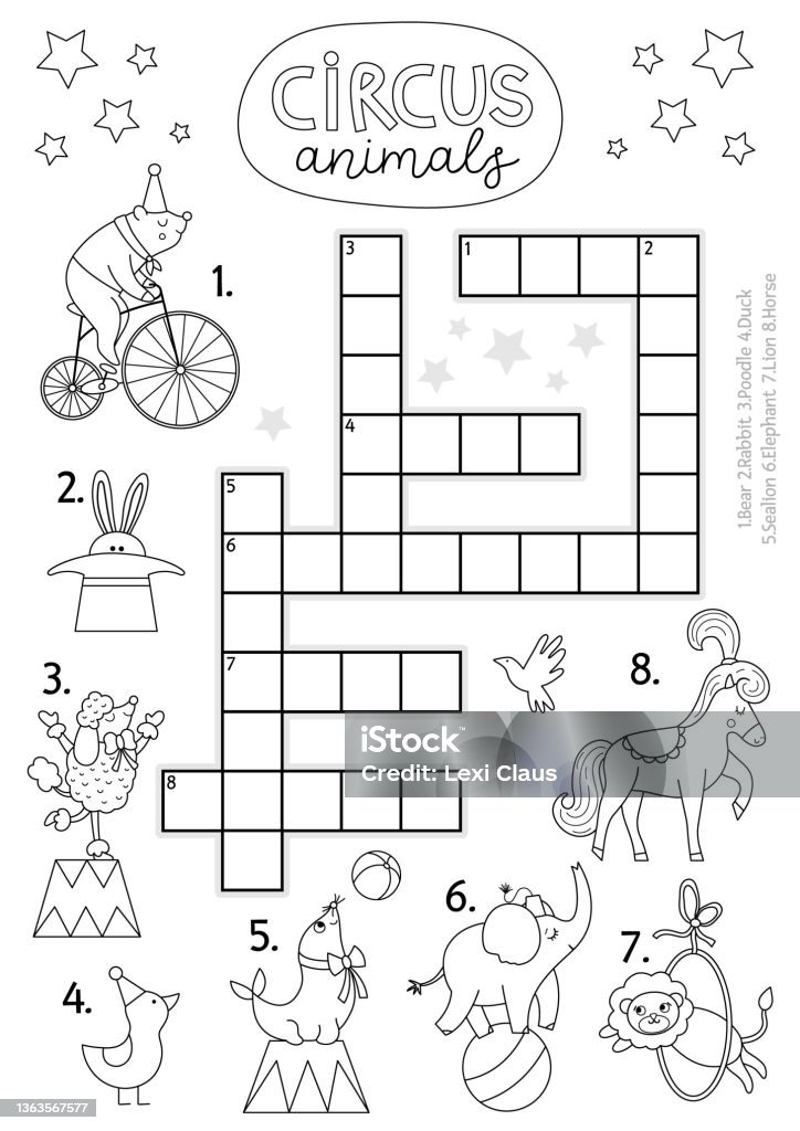 Vector circus crossword puzzle for kids simple black and white amusement show quiz with funny animal performers educational line activity with lion bear rabbit cross word coloring page stock illustration