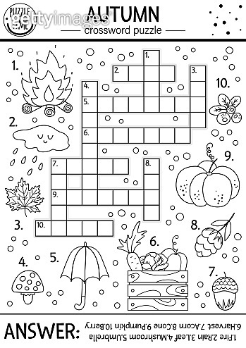 Vector black and white fall season crossword puzzle for kids siple outline quiz with autun forest objects for children educational activity or coloring page with cute funny woodland anials