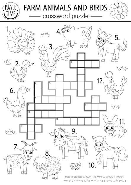 Premium vector vector farm animals and birds black and white crossword puzzle for kids simple on the farm line quiz country educational activity with cow hen pig rural village cross word
