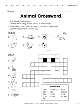 Long vowels animal crossword printable skills sheets crossword puzzles