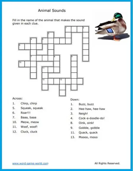 Fun crossword puzzle for kids about animals