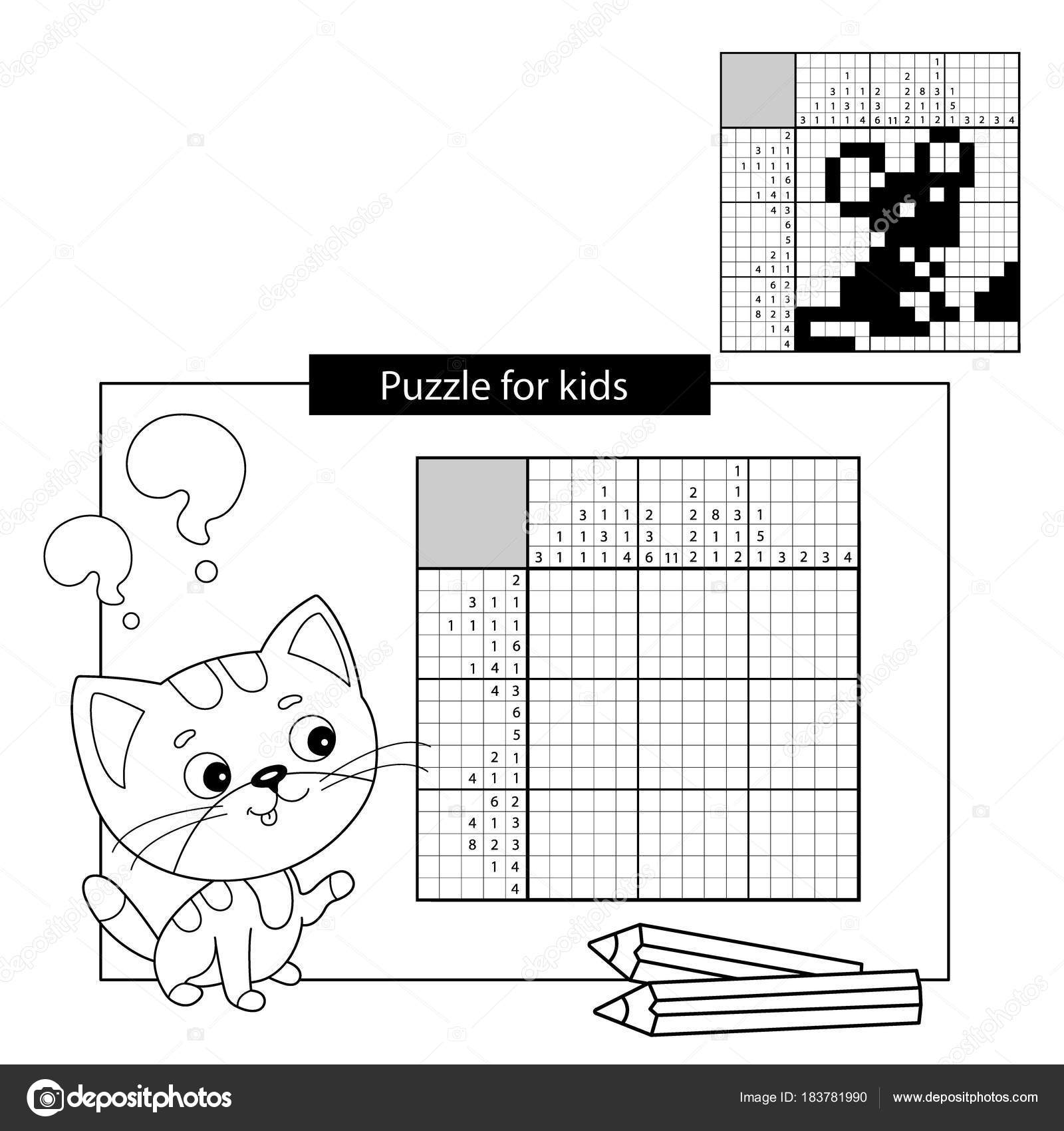 Education puzzle game for school children mouse black and white japanese crossword with answer nonogram with answer graphic crossword coloring page outline of little cat coloring book for kids stock vector by