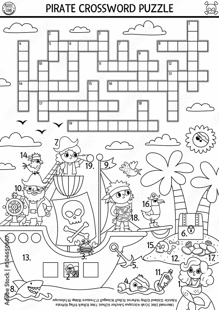Vetor de black and white vector pirate crossword puzzle for kids simple line treasure island quiz with marine landscape for children educational activity or coloring page with ship crossbones animals do