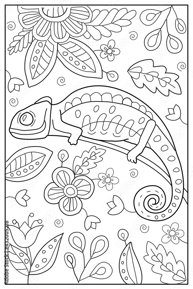 Hand drawn coloring for kids and adults with chameleon beautiful simple drawings with patterns coloring book pictures with animals vector vector