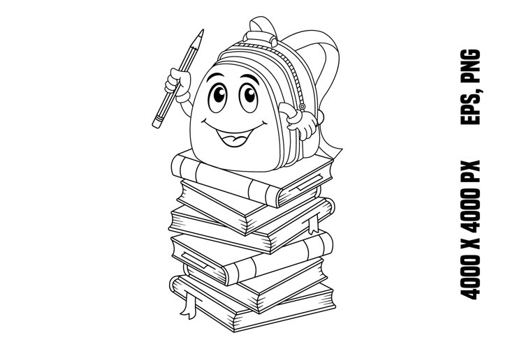 Cartoon backpack sitting on books for coloring page