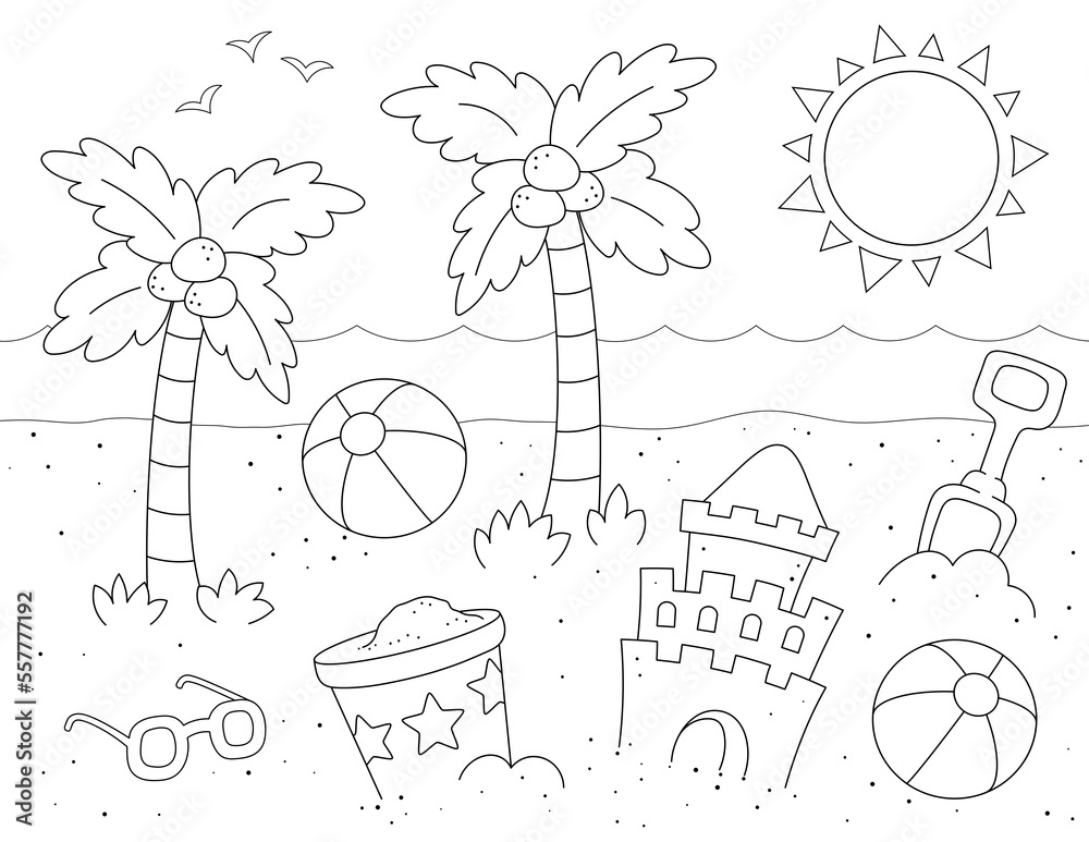 Simple beach coloring page illustration